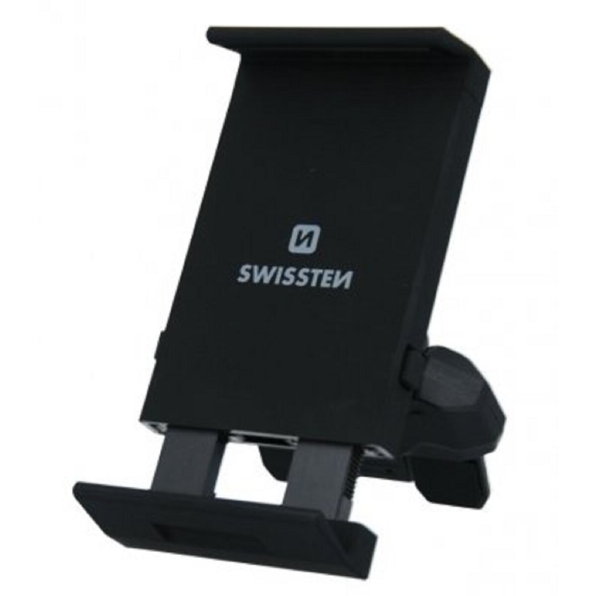 Schwarzer Tablethalter auf weißem Hintergrund. Swissten-Logo ist sichtbar.