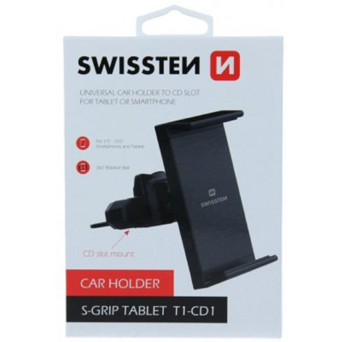 Auto-Halter-Box mit Halter-Bild und "SWISSTEN"-Logo; schwarz und weiß.