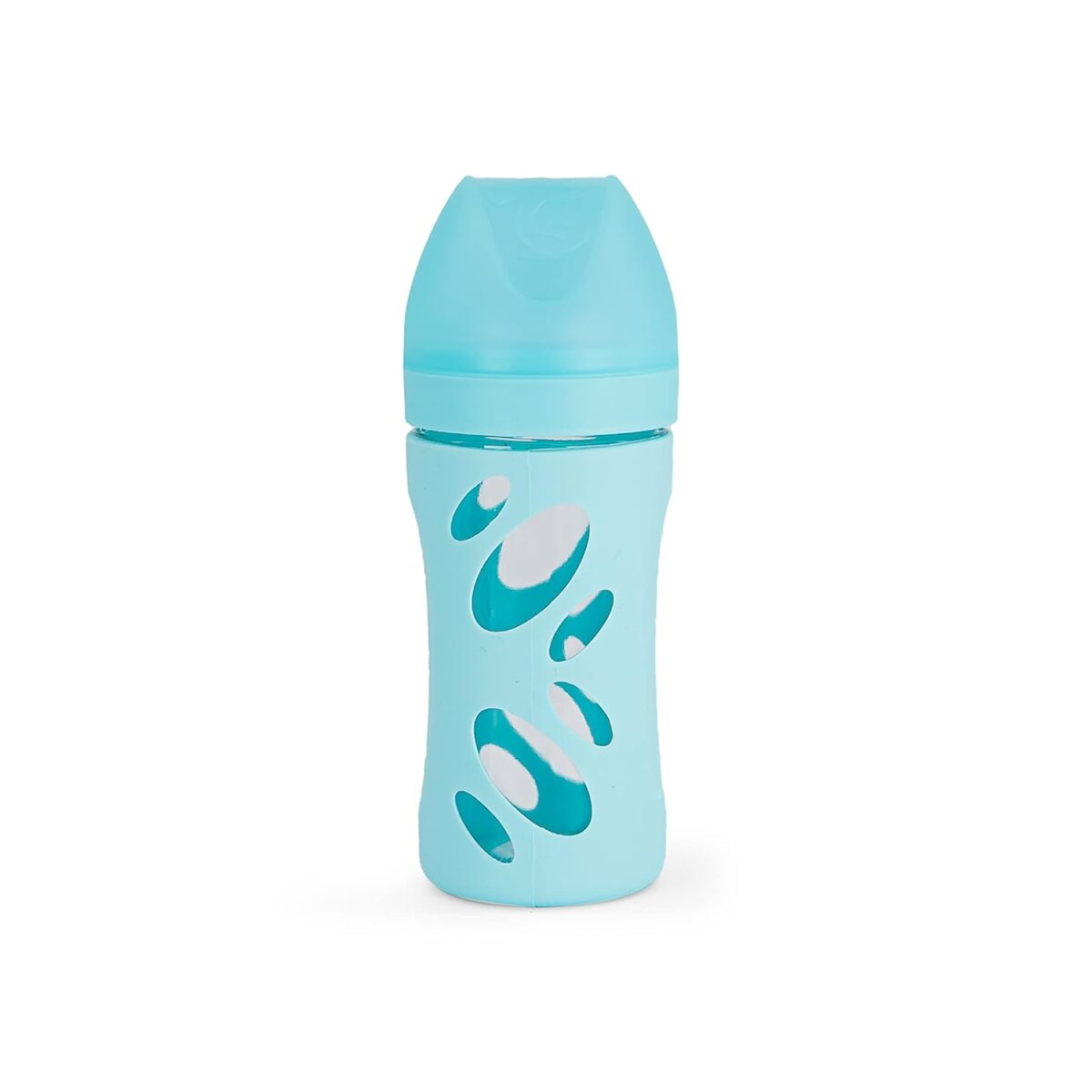 Eine Babyflasche mit blauem Äußeren, transparentem Oberteil und türkisfarbenem Design.