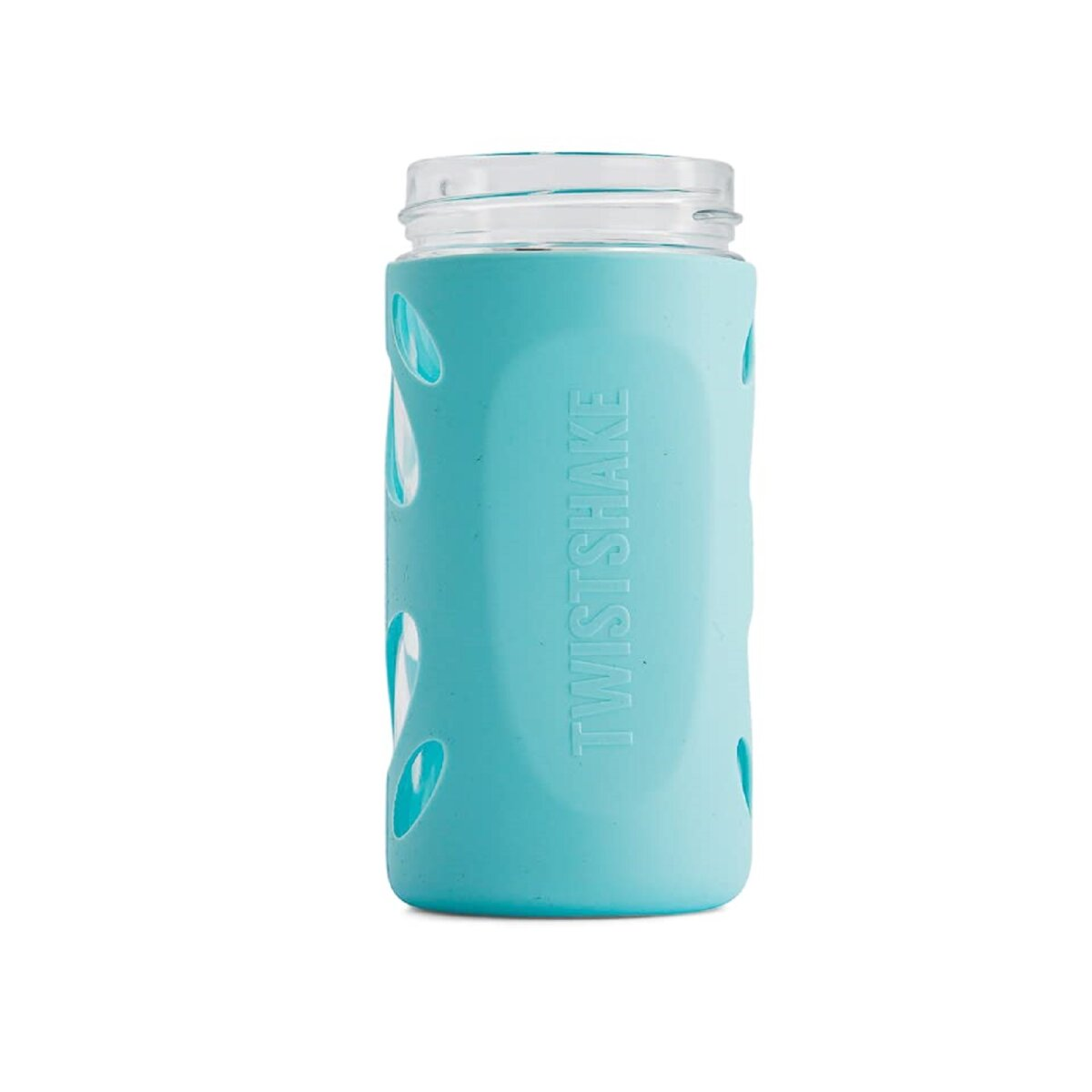 Blaue Twistshake Babyflasche mit Silikonhülle, weißer Hintergrund.