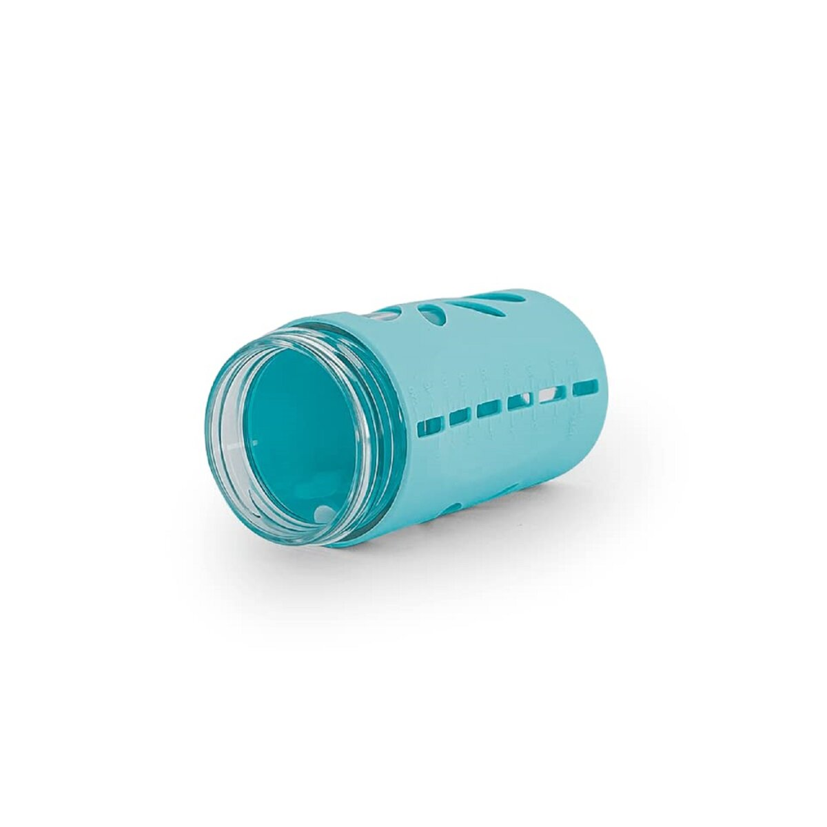 Eine türkisfarbene Babyflasche mit blauem Silikonüberzug.
