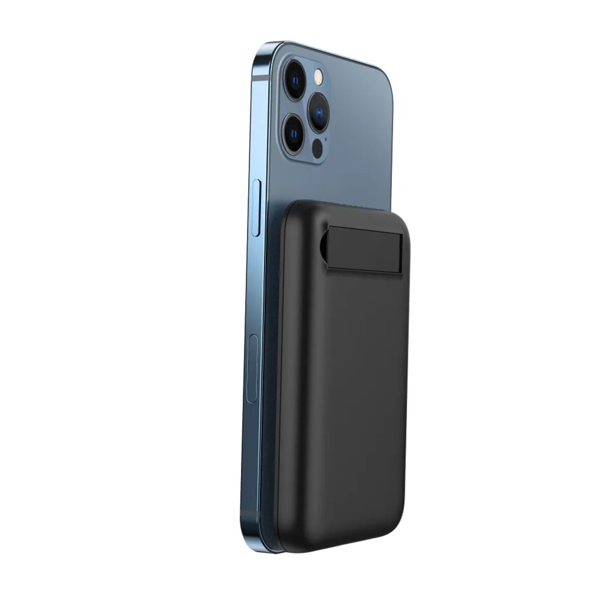 Schwarzes Telefon mit angebrachtem magnetischem Akku. Telefon hat mehrere Kameras.