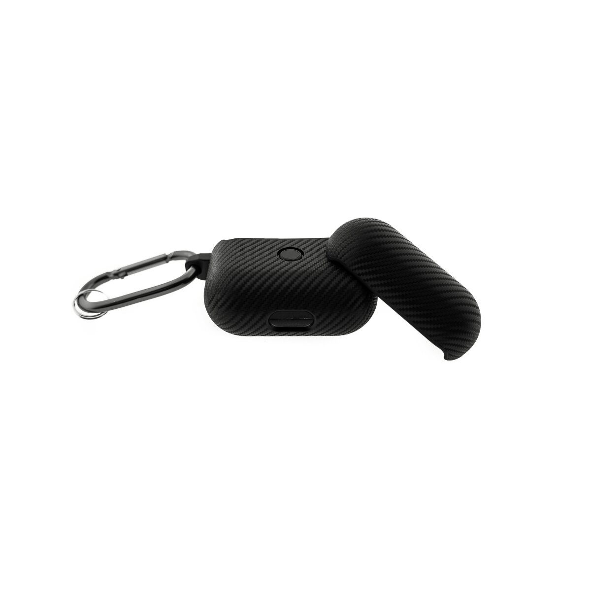 Schwarzes AirPods-Case mit Karbonfasertextur, geöffnet, auf weißem Hintergrund.