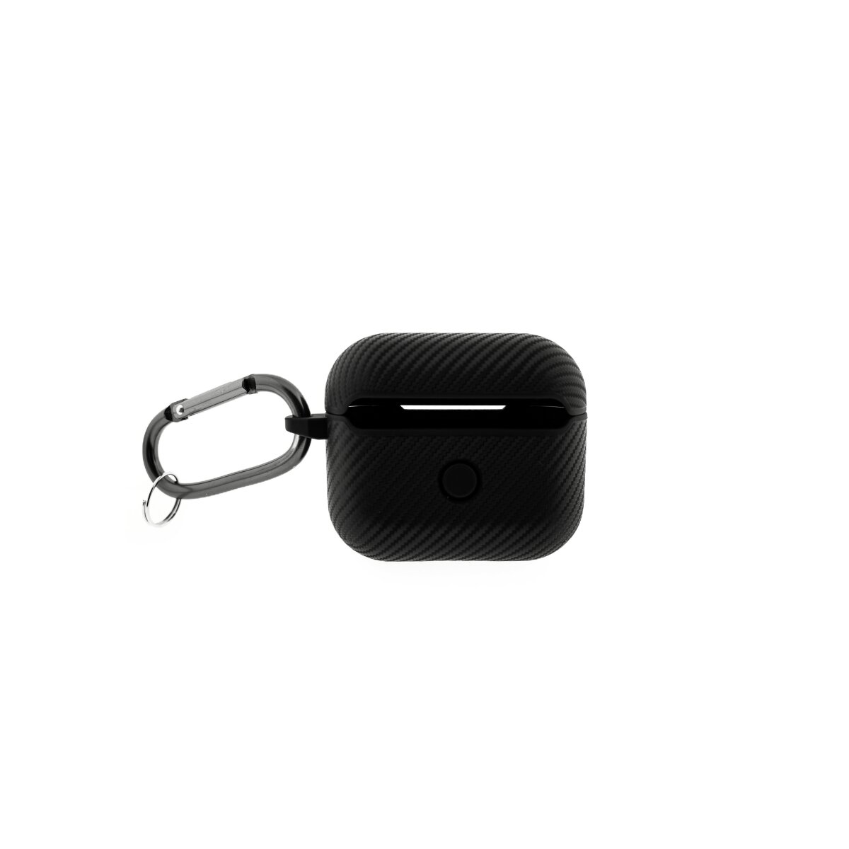 Schwarzes AirPods-Case im Carbonfaser-Stil mit Karabinerhaken auf weißem Hintergrund.