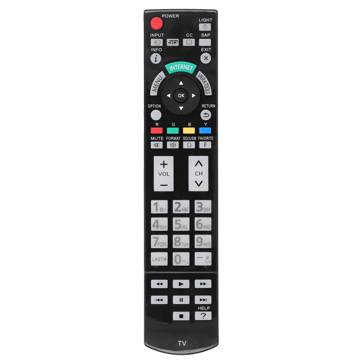 Eine schwarze TV-Fernbedienung mit vielen Tasten, einschließlich Ein/Aus, Menü und Zifferntasten.