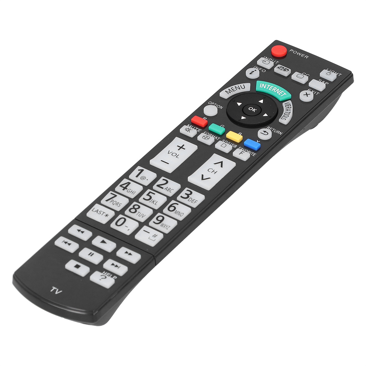 Eine schwarze TV-Fernbedienung. Sie hat verschiedene Tasten, darunter Ein/Aus, Menü und Zifferntasten.