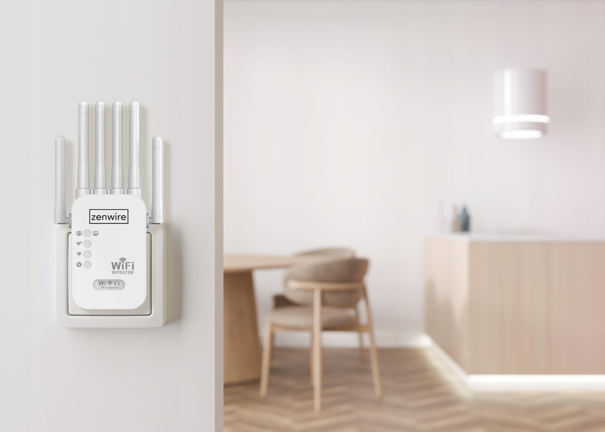 Biały wzmacniacz Wi-Fi na ścianie. Tło: kuchnia ze stołem i krzesłem.