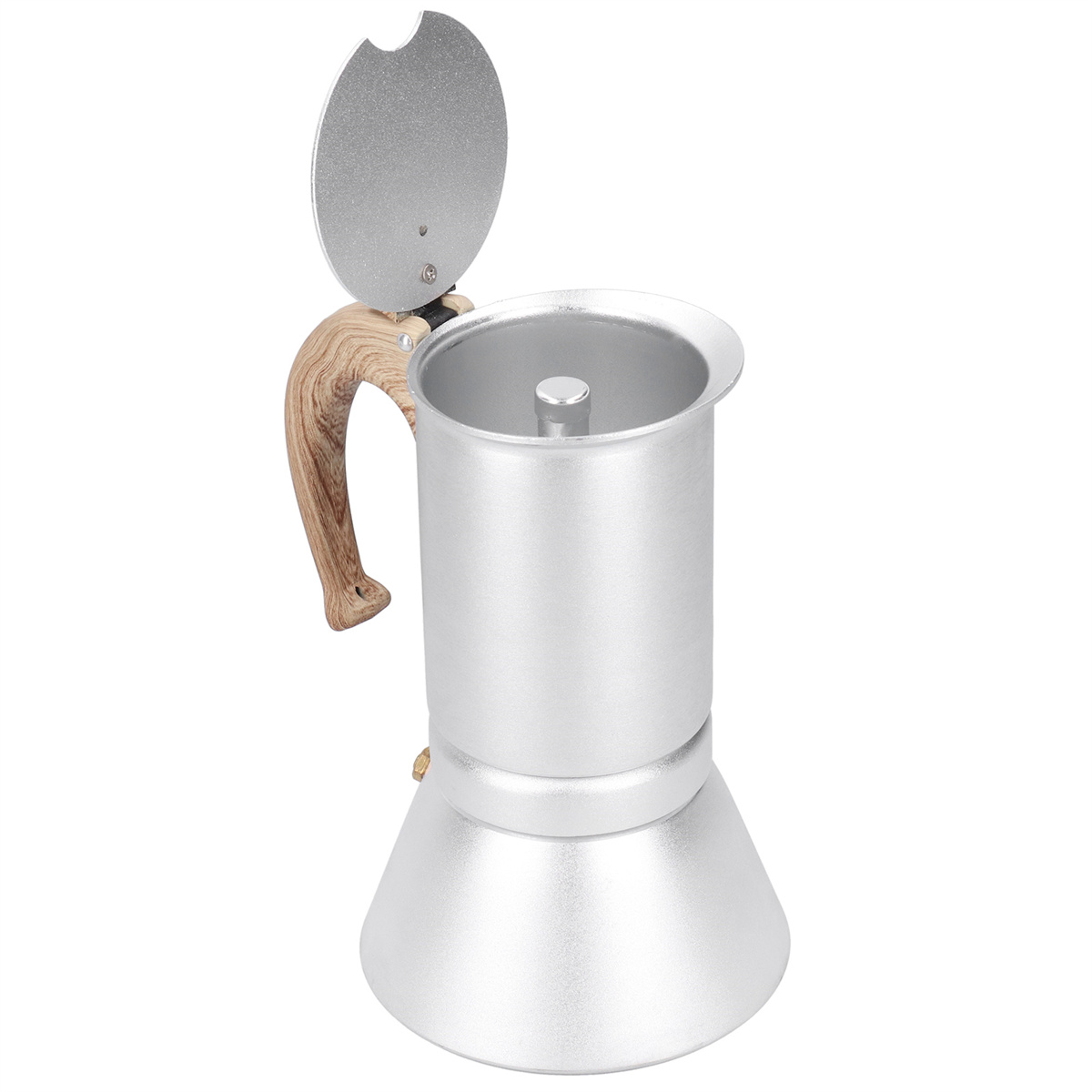 Silberne Moka-Kanne mit Holzgriff, Deckel offen. Draufsicht, weißer Hintergrund, zum Kaffee kochen.