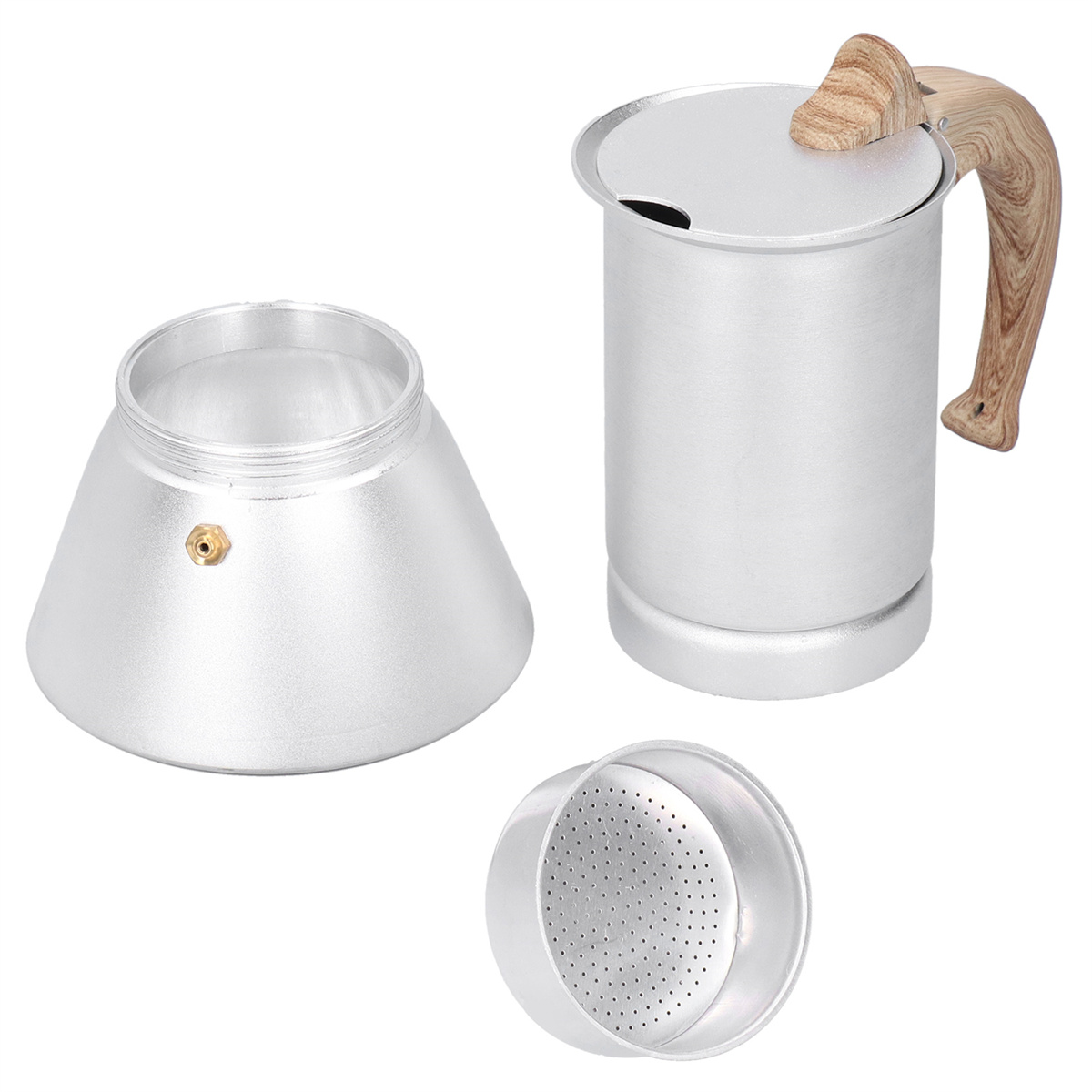 Zerlegter silberner Kaffeebereiter. Enthält Basis, Körper und Filter. Holzgriff sichtbar.