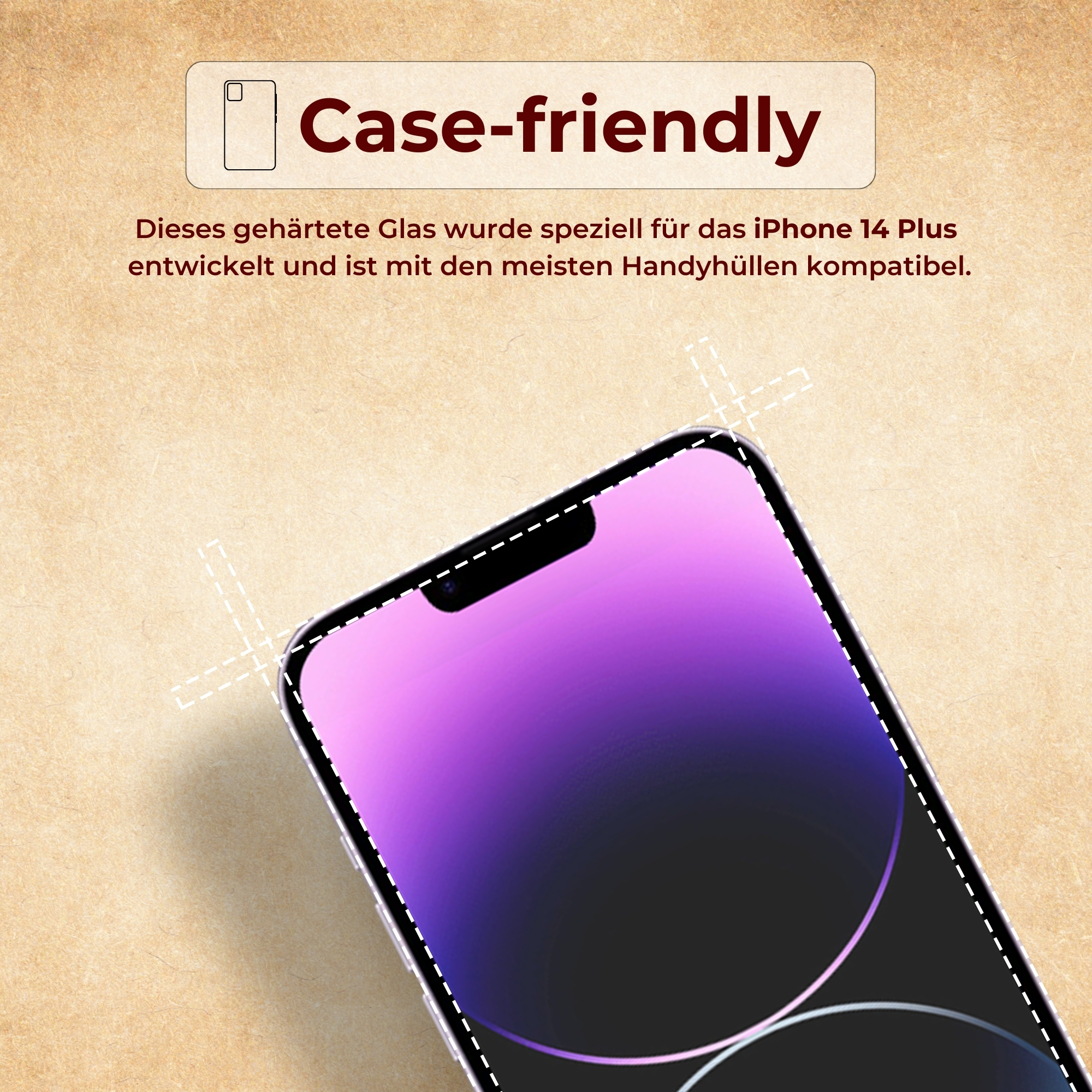 Lila iPhone-Bildschirm mit Schutzglas-Overlay, case-freundliches Etikett.