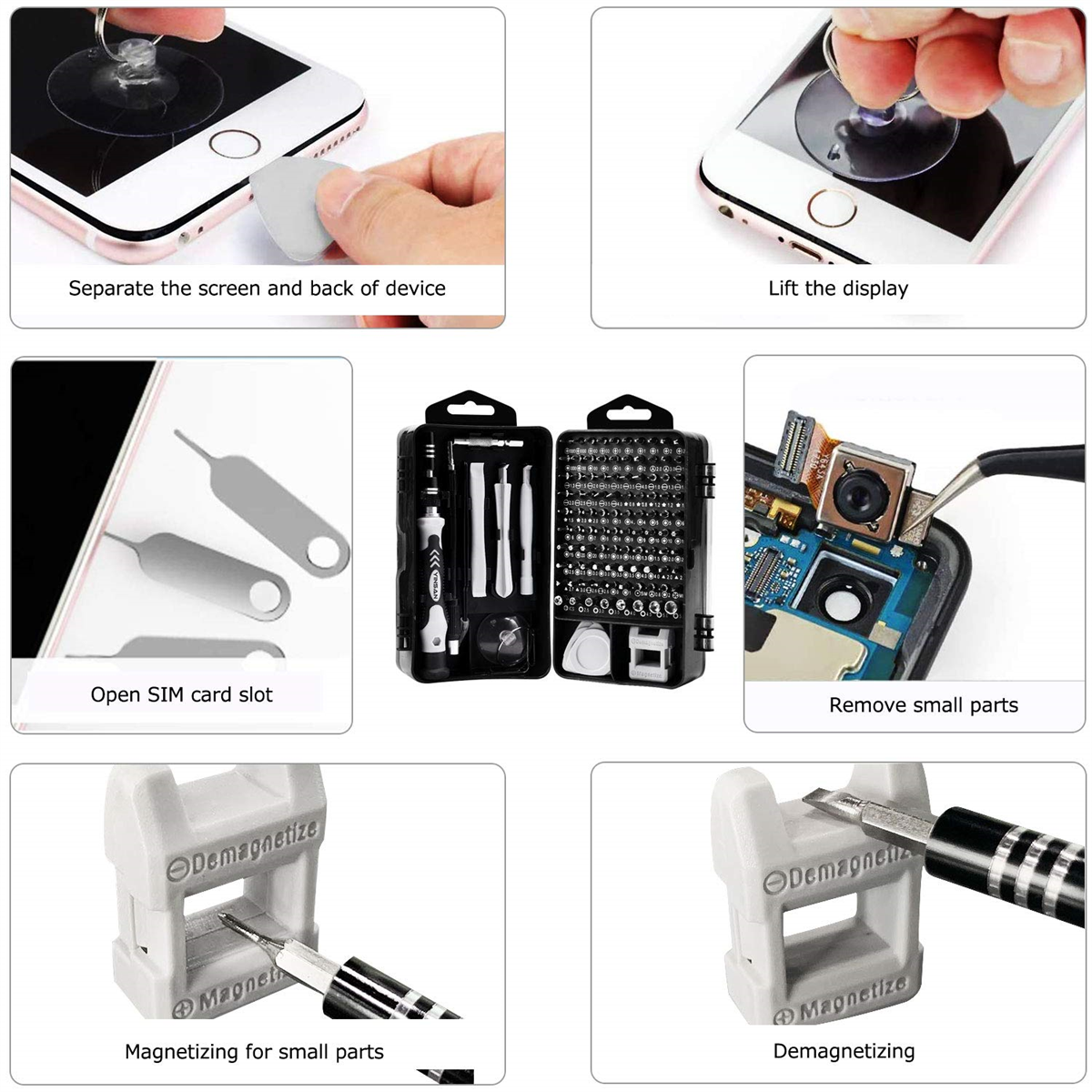 Bilder, die Handy-Reparaturschritte zeigen. Bildschirm trennen, Display anheben, SIM-Slot öffnen und Kleinteile entfernen.