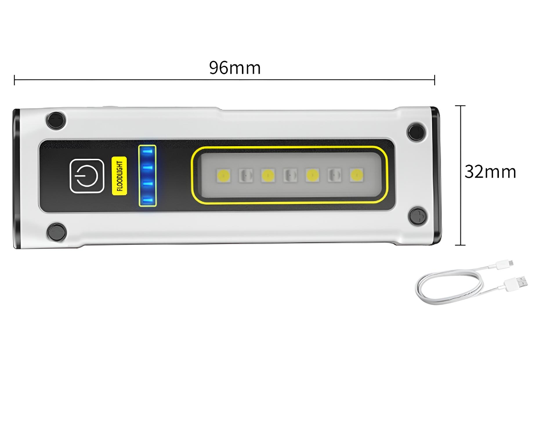 Weißes rechteckiges LED-Licht. Maße: 96 mm Länge, 32 mm Breite. Ein-Aus-Taste und Ladestatus.