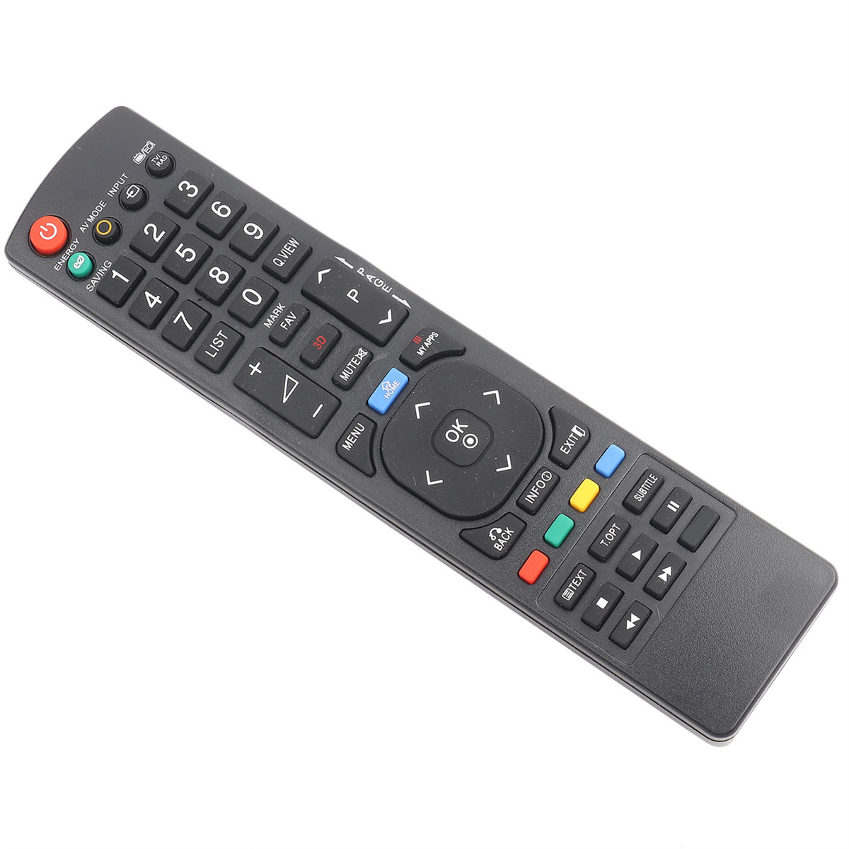Schwarze TV-Fernbedienung mit mehreren Tasten.