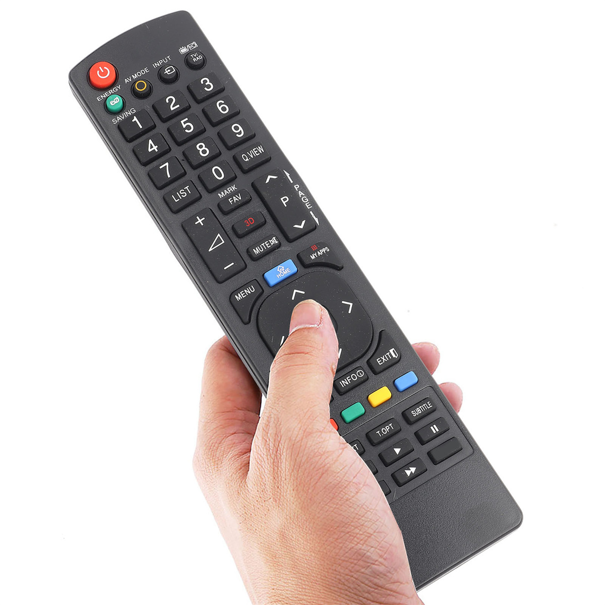 Die Hand einer Person, die eine schwarze TV-Fernbedienung hält. Es gibt verschiedene Tasten und ein Richtungspad.