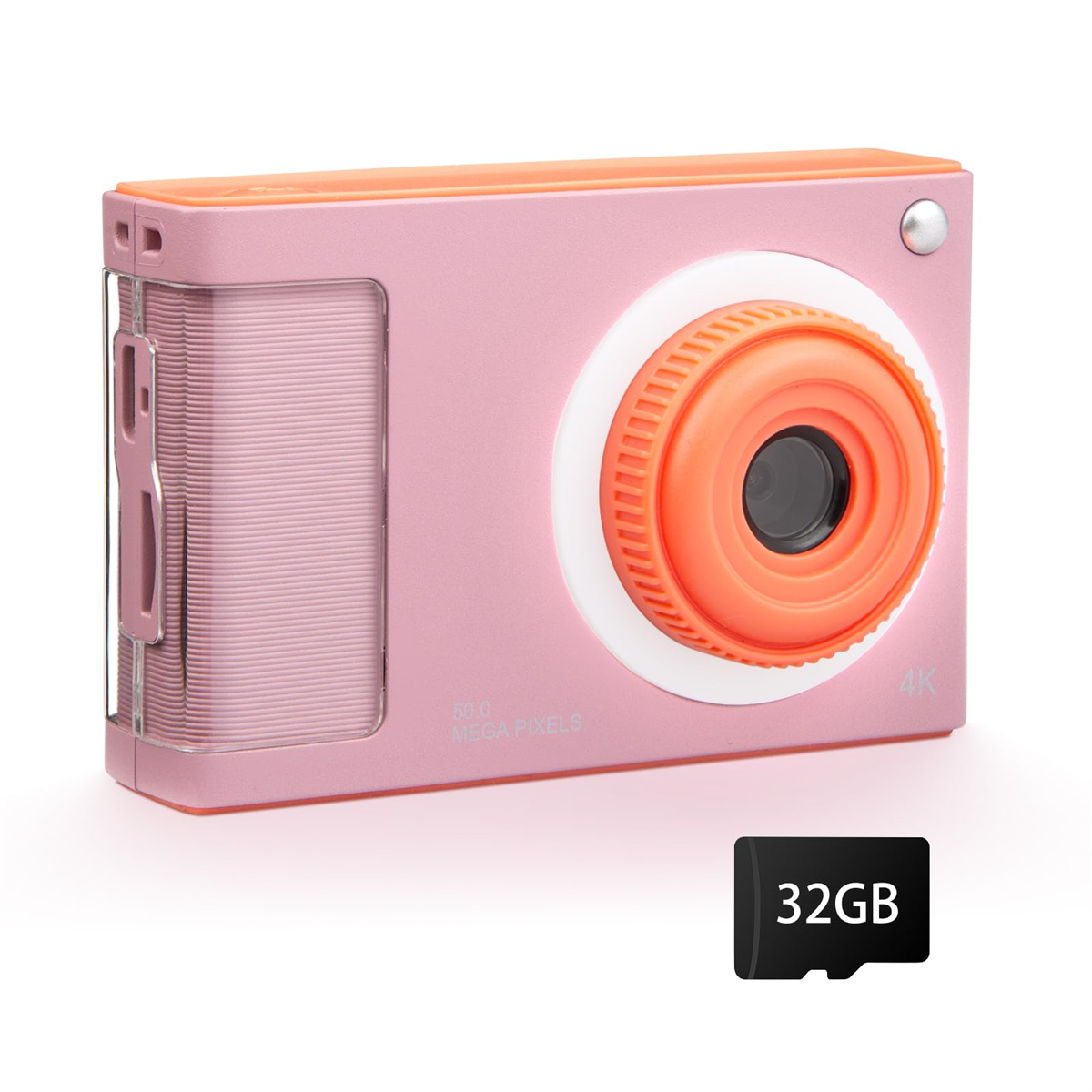 Eine rosa Digitalkamera mit einem orangefarbenen Objektiv. Eine 32GB SD-Karte liegt daneben.