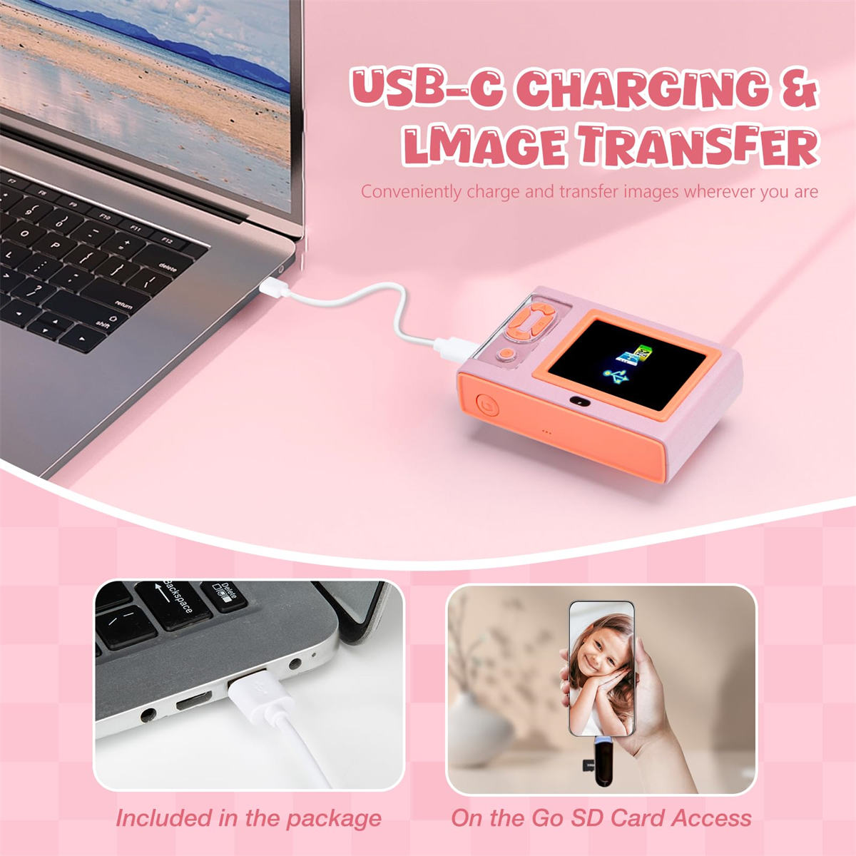 Ein rosa Gerät ist mit einem Laptop verbunden und zeigt ein Foto. Text sagt Laden und Bildübertragung.