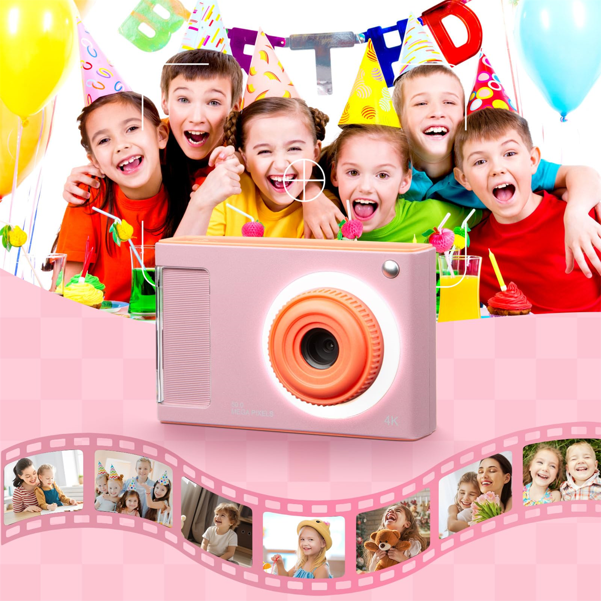 Eine pinke Digitalkamera steht im Mittelpunkt, umgeben von Kindern und Geburtstagsdekoration.