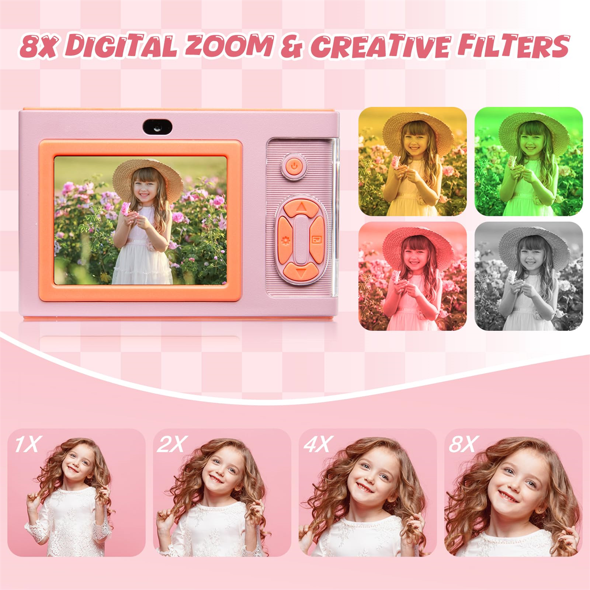 Rosa Digitalkamera mit Zoom und Filtern. Zeigt ein Mädchen mit Hut mit verschiedenen Filtern.