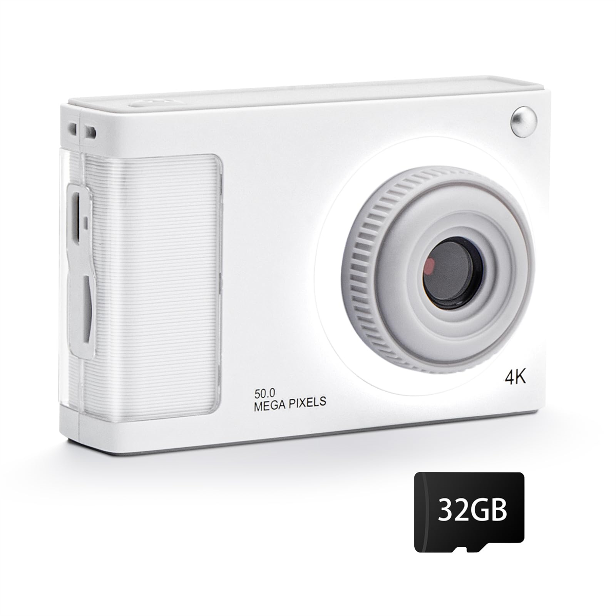 Weiße 4K-Kamera mit 32 GB Speicherkarte. Sie hat ein Objektiv und einen Blitz.