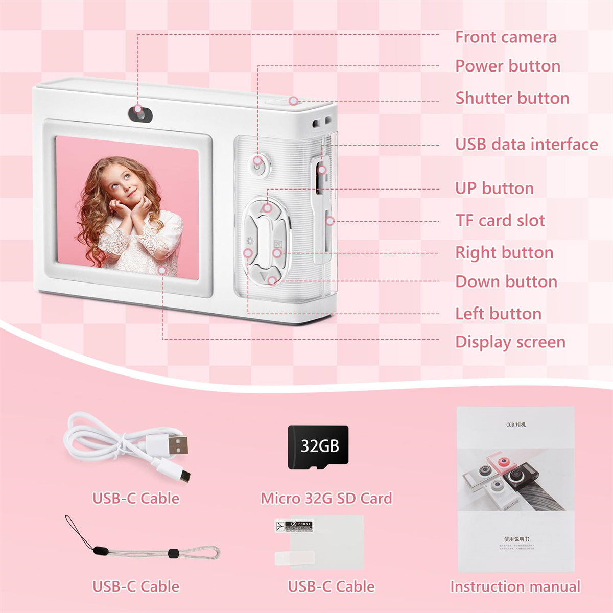Weiße Digitalkamera mit Mädchenbild auf dem Bildschirm sowie Zubehör wie USB-Kabel und SD-Karte.