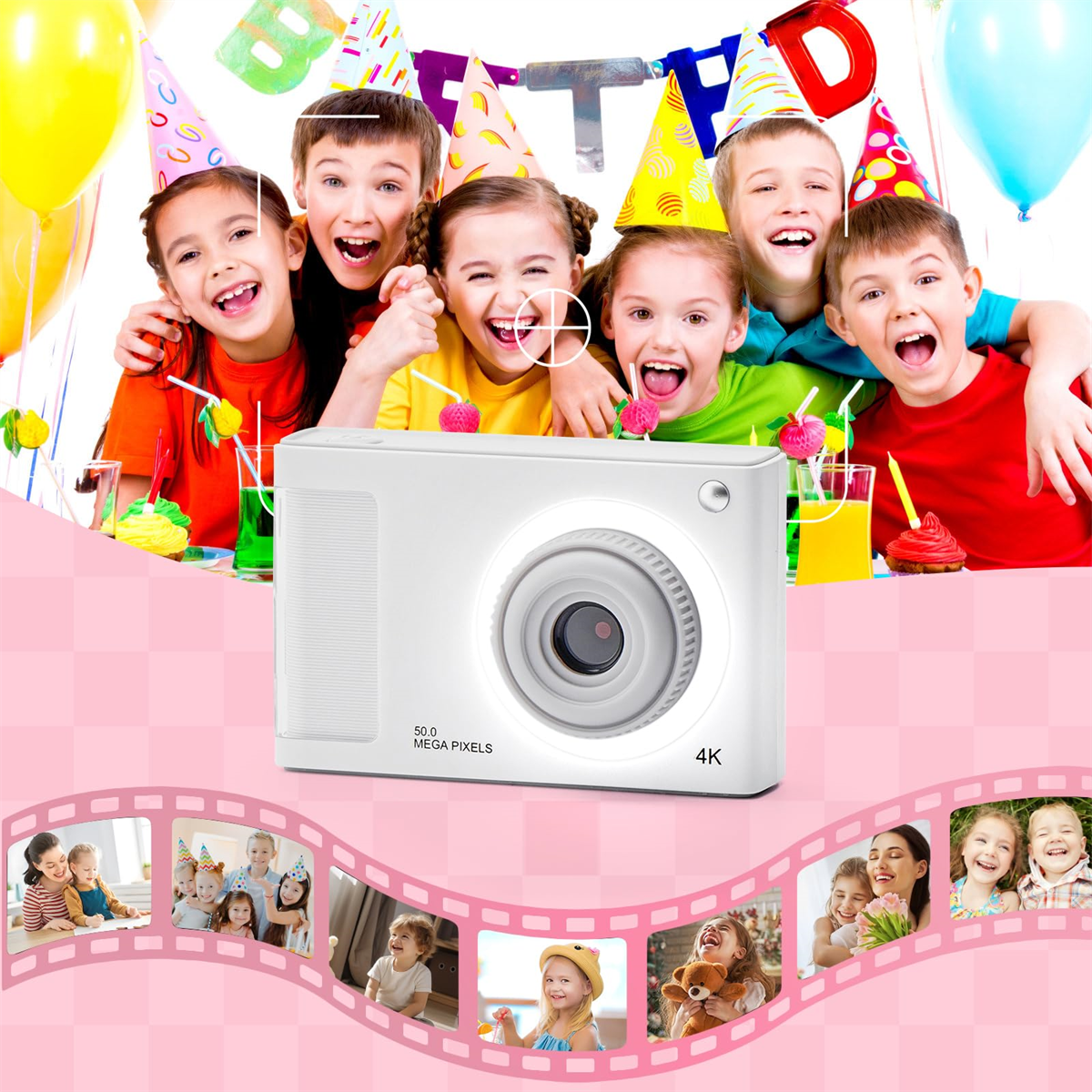 Gruppe lächelnder Kinder mit Kamera und Geburtstagsdekorationen, darunter Luftballons und Hüte. Fotos sind unten.