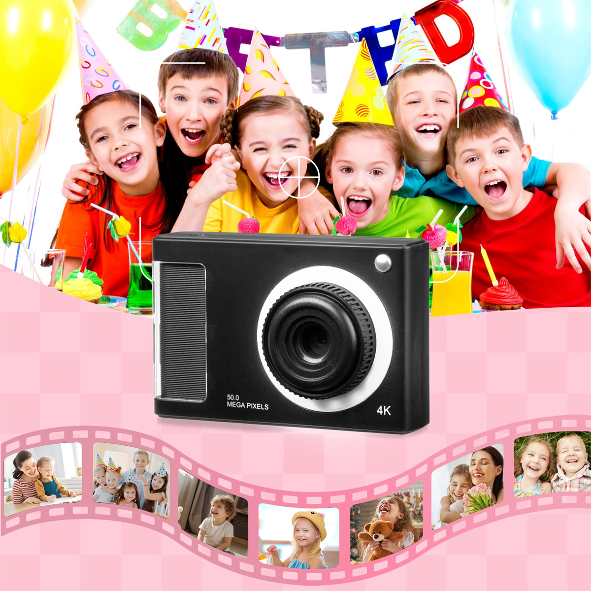 Eine schwarze Kamera. Kinder lächeln auf einer Geburtstagsfeier. Ballons und Kuchen sind im Hintergrund sichtbar.