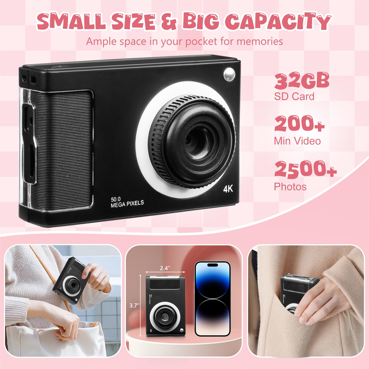 Eine schwarze Mini-Kamera mit Details zu Funktionen und Abmessungen.