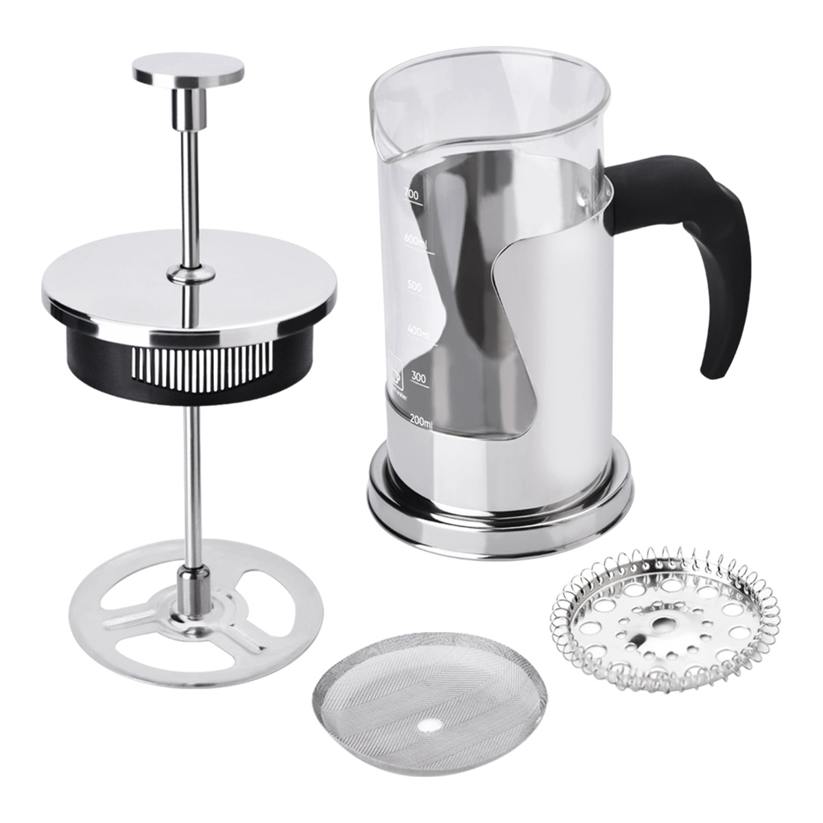 French-Press-Kaffeebereiter, zerlegt. Enthält eine Glaskaraffe, einen Kolben, einen Filter und ein Netzfilter.