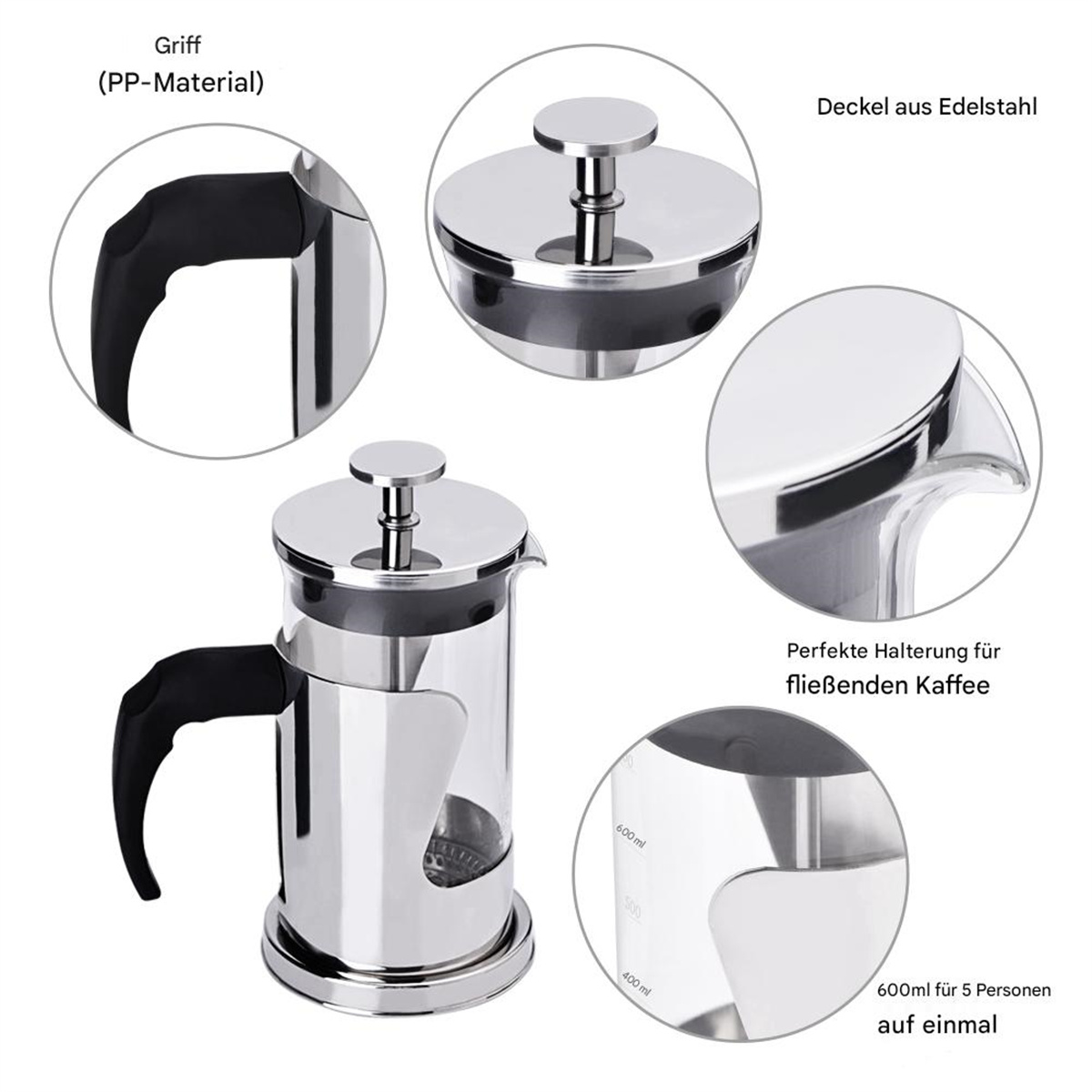 Französische Kaffeepresse aus Edelstahl. Teile umfassen Griff, Deckel und Filter. Nahaufnahme der Details.