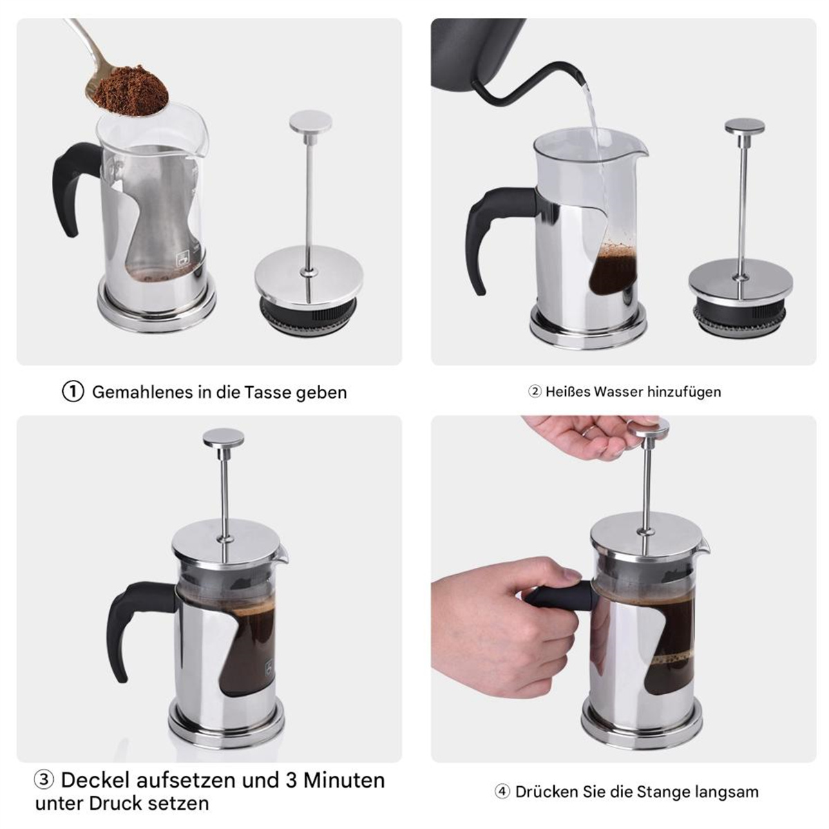 Kaffeepresse: Kaffeepulver, heißes Wasser, Deckel aufsetzen, und den Stempel drücken.