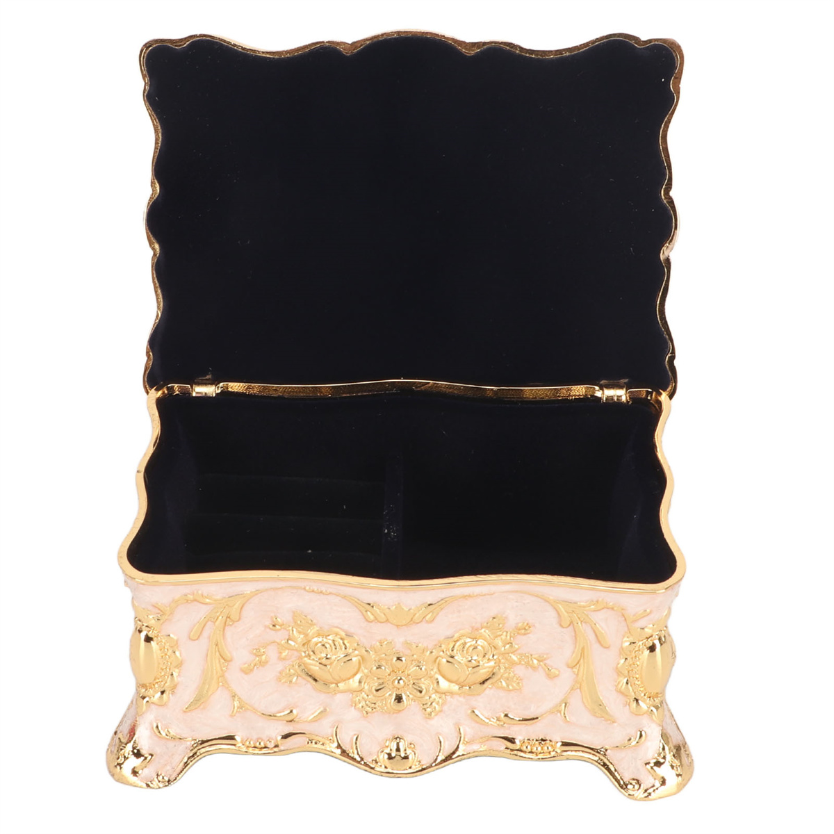 Verzierte Schmuckschatulle, hellrosa mit goldenen Akzenten, offen, mit schwarzem Samt.
