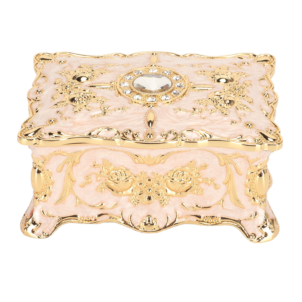 Verzierte, rosa-goldene Schmuckschatulle mit floralen Designs, einem zentralen Edelstein und einem verspiegelten Innenraum, auf vier Füßen.
