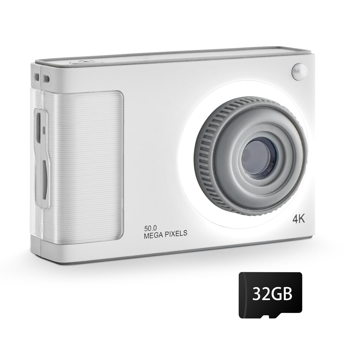 Weiße Kamera mit grauem Objektiv, 32GB SD-Karte. Die Kamera hat 50,0 MP und 4K-Funktionen.