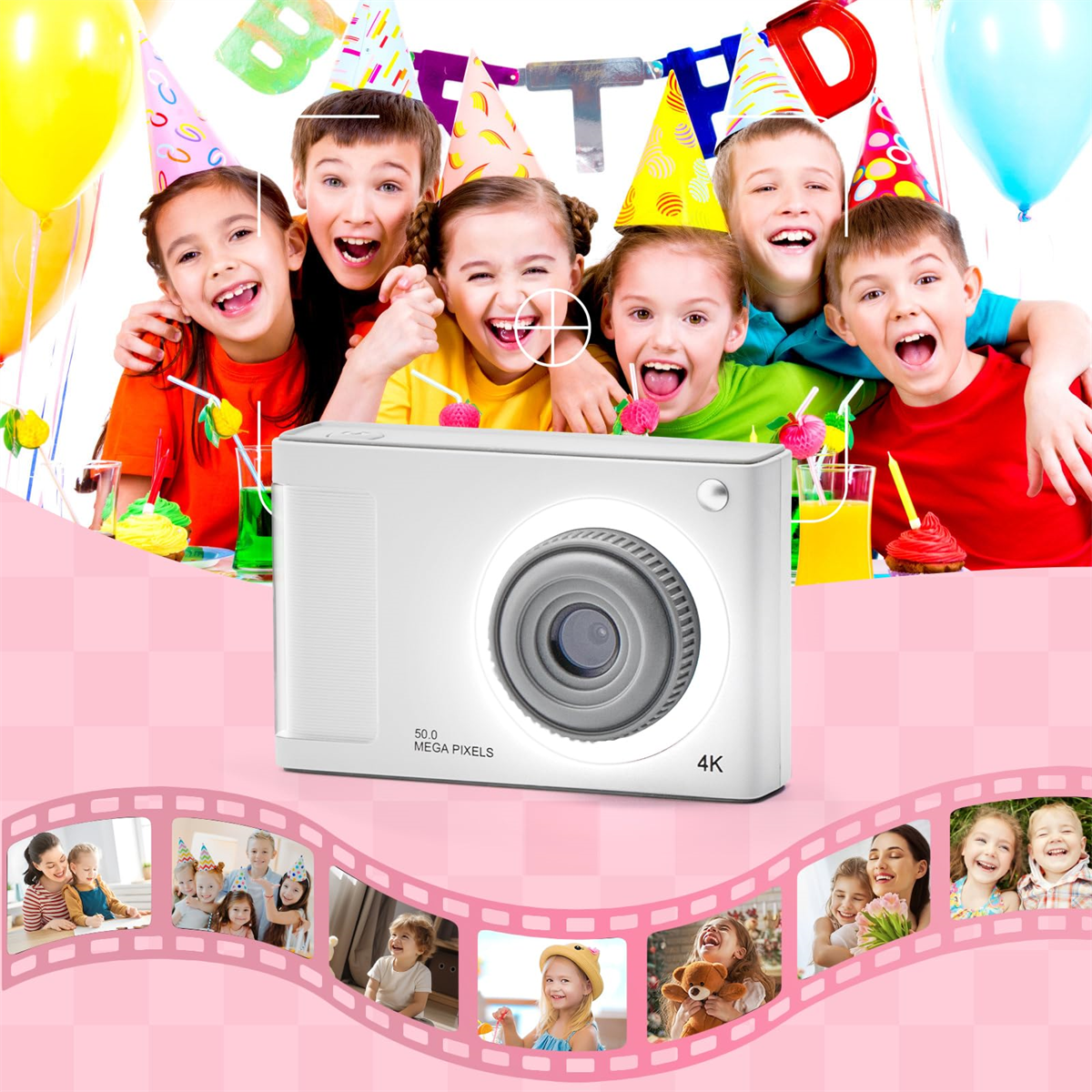 Kamera mit Kindern und Geburtstagsparty-Elementen im Hintergrund.