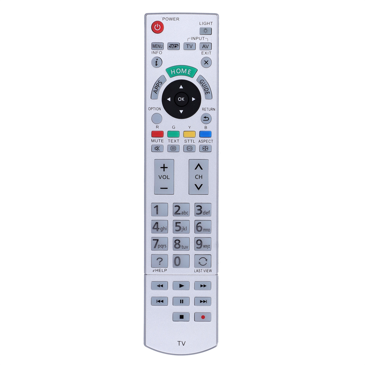 Eine silberne TV-Fernbedienung mit verschiedenen Tasten, darunter Ein/Aus, Lautstärke und Kanal.