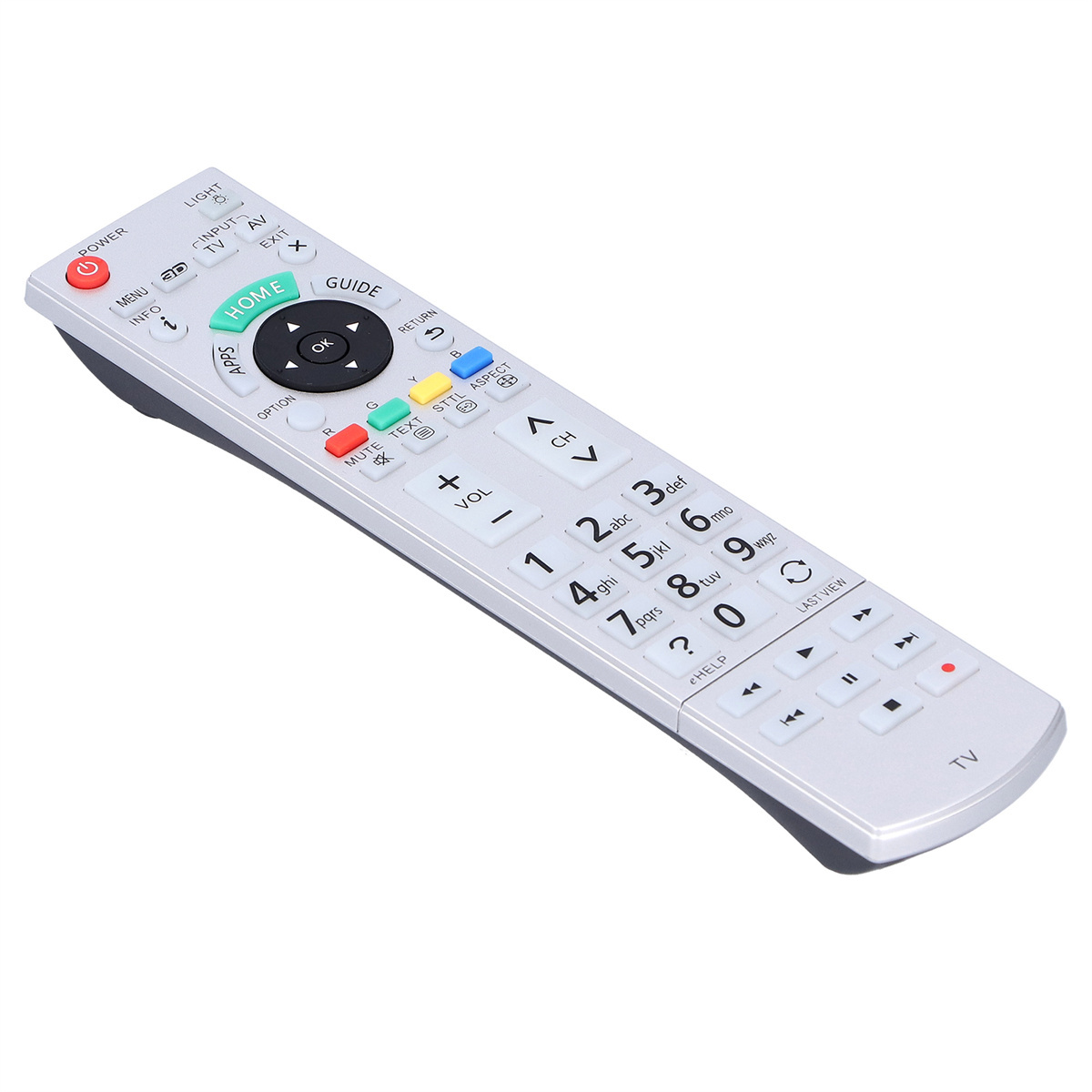 TV-Fernbedienung mit Knöpfen, weiße Farbe. Der Power-Knopf ist rot, viele Funktionstasten.