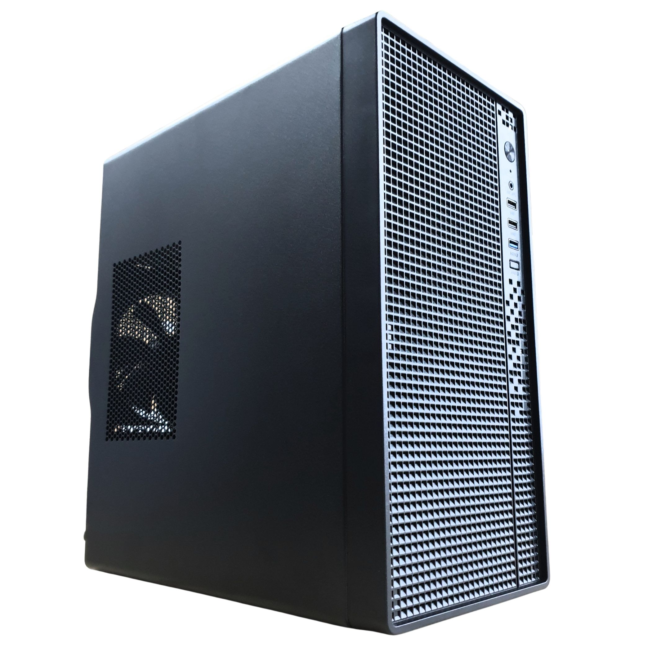 Una caja de computadora negra con un panel frontal de malla y una ventilación lateral. La caja se muestra desde un ángulo bajo.