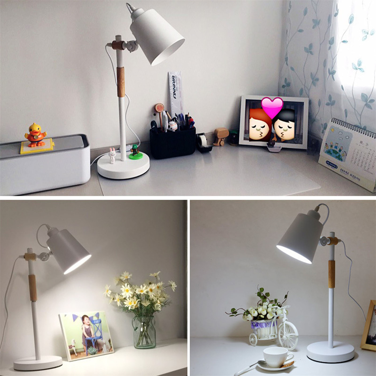 Drei Bilder zeigen eine weiße Schreibtischlampe in verschiedenen Umgebungen. Auf dem Tisch liegen auch Gegenstände.