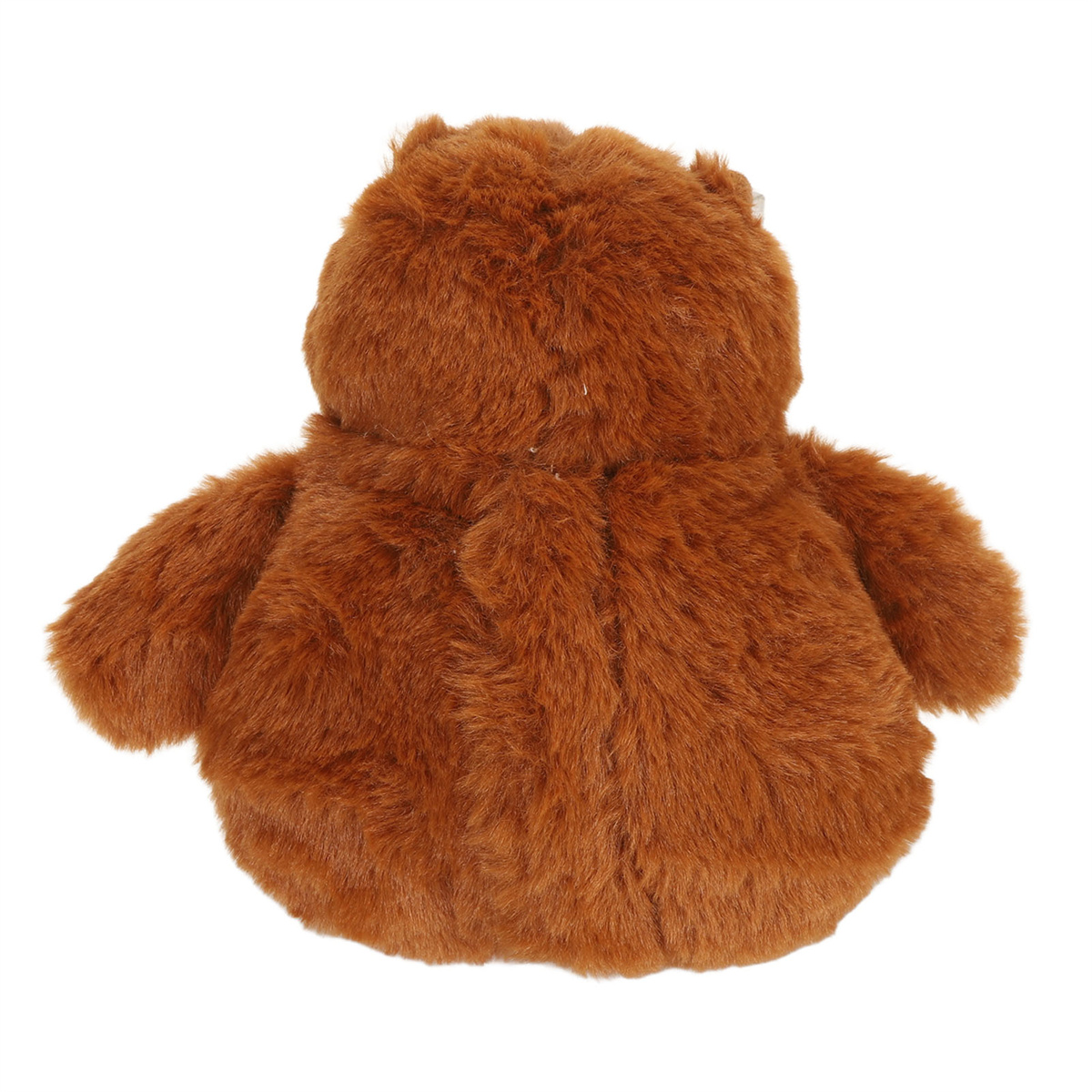 Braunes, flauschiges Bärenspielzeug von hinten. Der Bär hat eine Plüschstruktur.