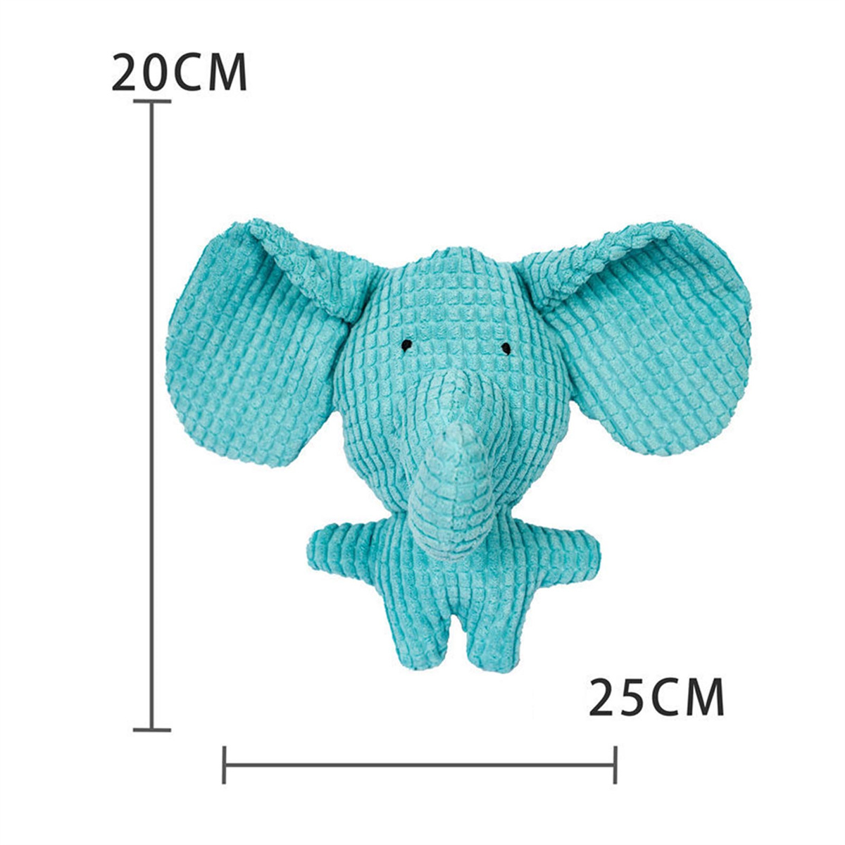 Ein blaues Plüschelefanten-Spielzeug. Es hat große Ohren, einen Rüssel und kleine Beine. Abmessungen sind 20x25 cm.