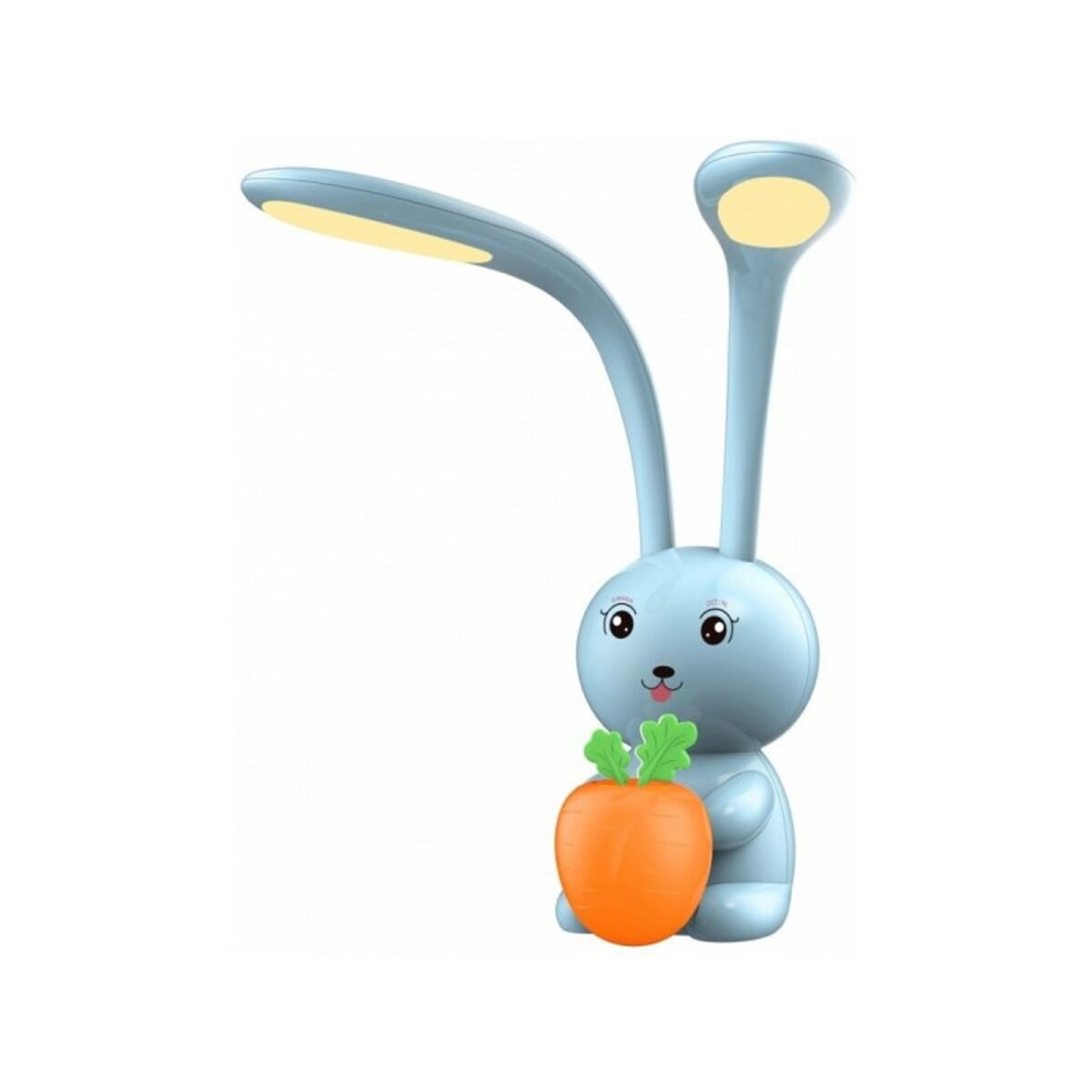 Eine blaue, hasenförmige Lampe, die eine orangefarbene Karotte hält. Der Hintergrund ist weiß.