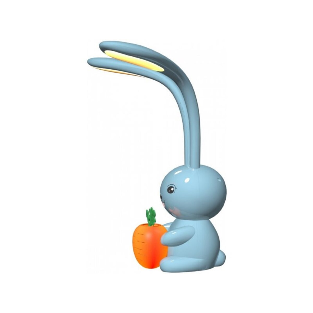 Blaue Hasenlampe mit einer orangefarbenen Karotte. Das Licht ist oben.