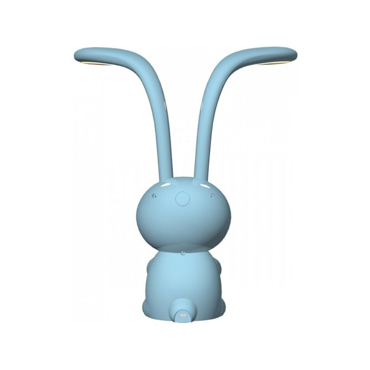 Eine hellblaue, hasenförmige Lampe mit zwei gebogenen Ohren und einem runden Kopf.