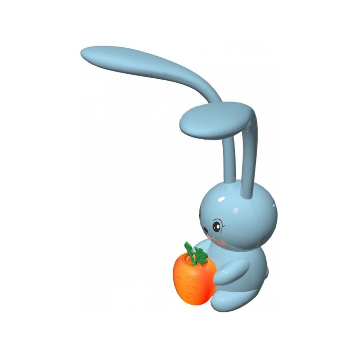Blaue Hasenlampe, die eine orangefarbene Karotte hält. Weißer Hintergrund.
