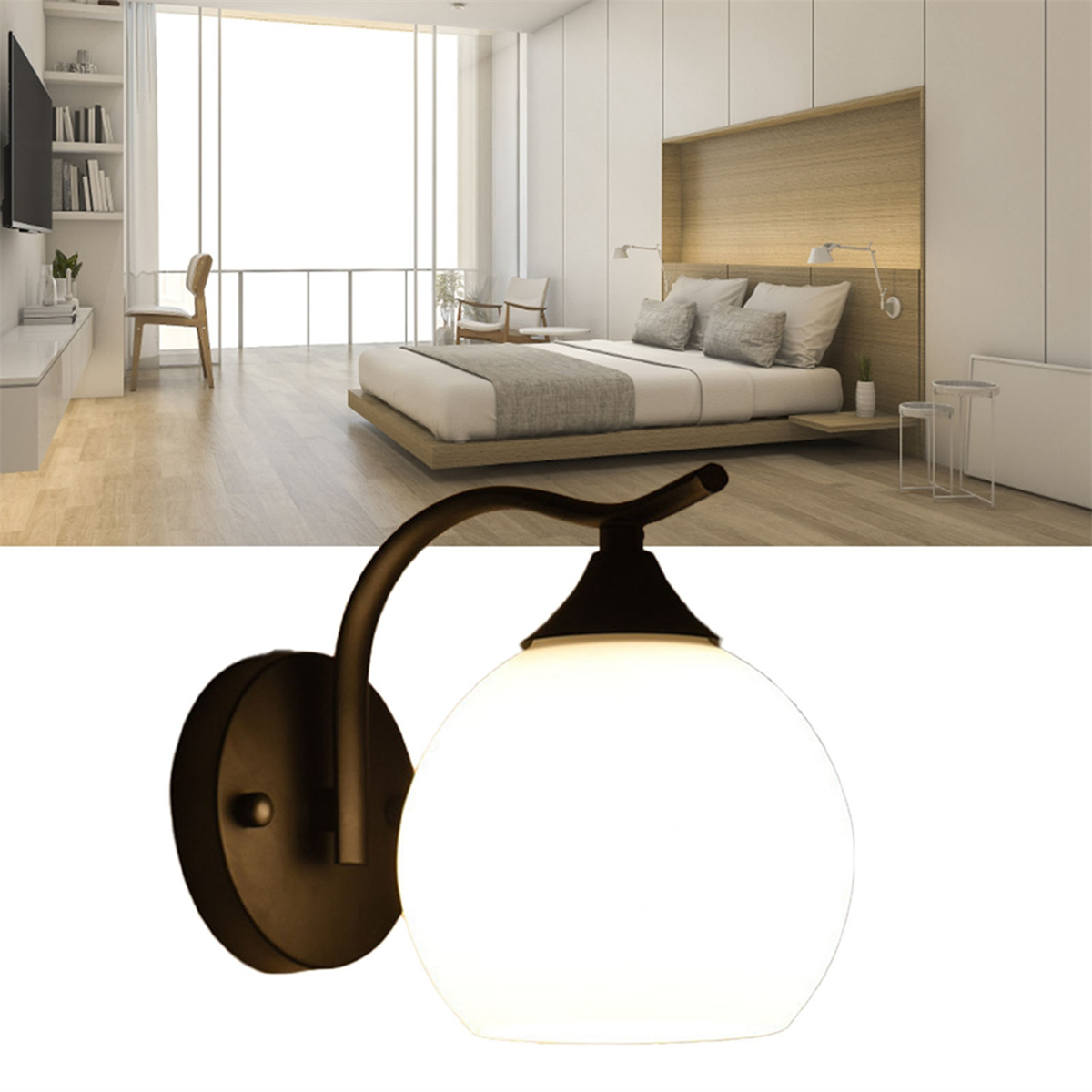Schlafzimmer mit Wandleuchte. Die Lampe ist schwarz mit einem weißen Globus.