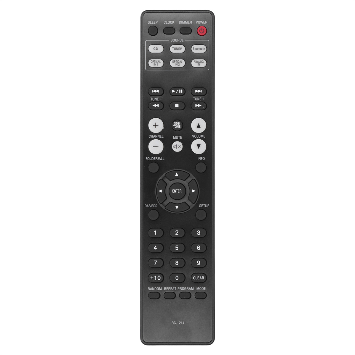 Schwarze Fernbedienung mit vielen Knöpfen und Beschriftungen. Es hat ein RC-1214-Etikett.