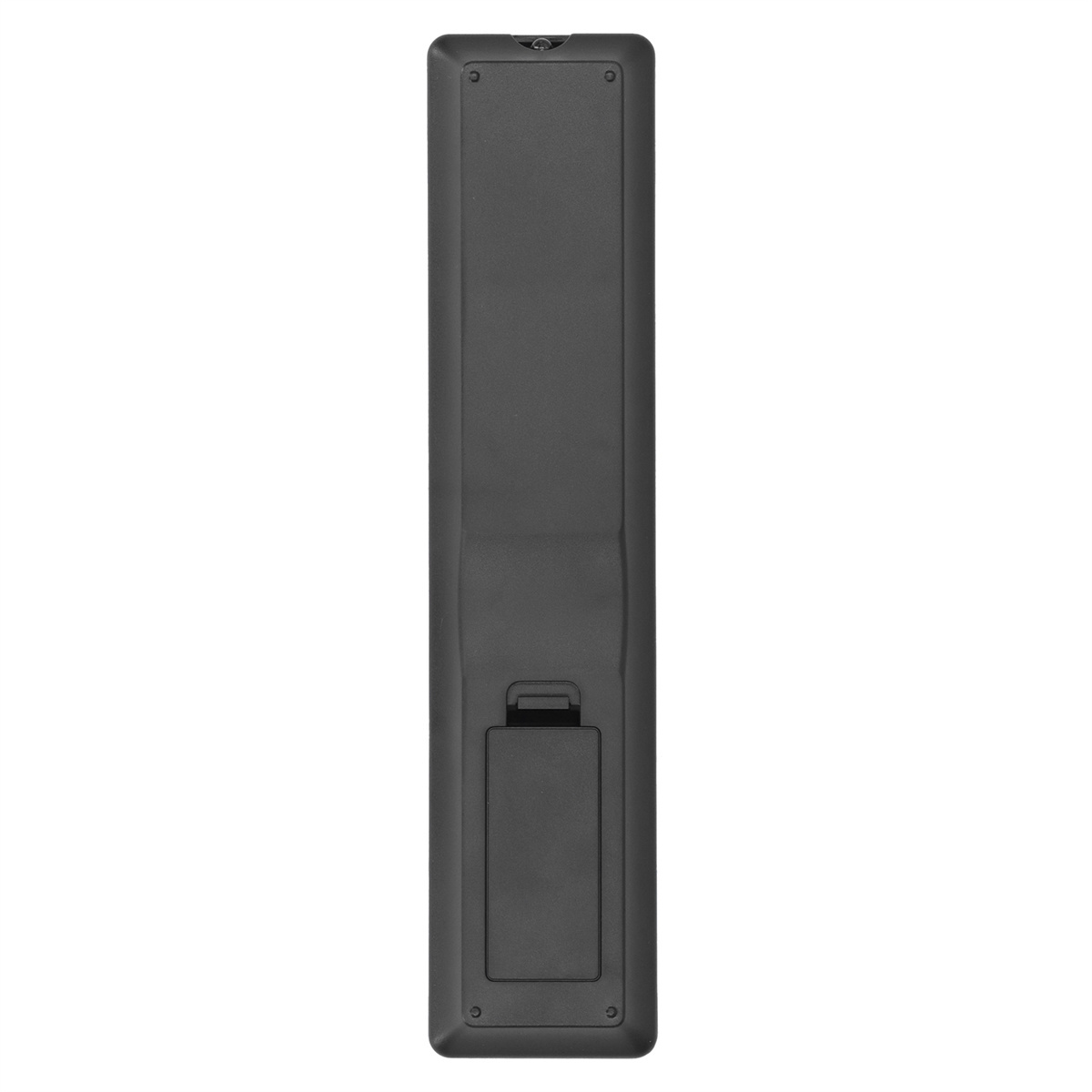 Schwarze Fernbedienung, Batteriefach geöffnet, von hinten gesehen.