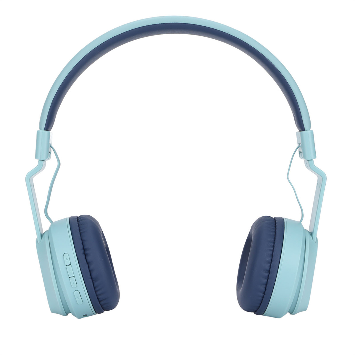 Hellblaue und marineblaue Over-Ear-Kopfhörer. Weißer Hintergrund.
