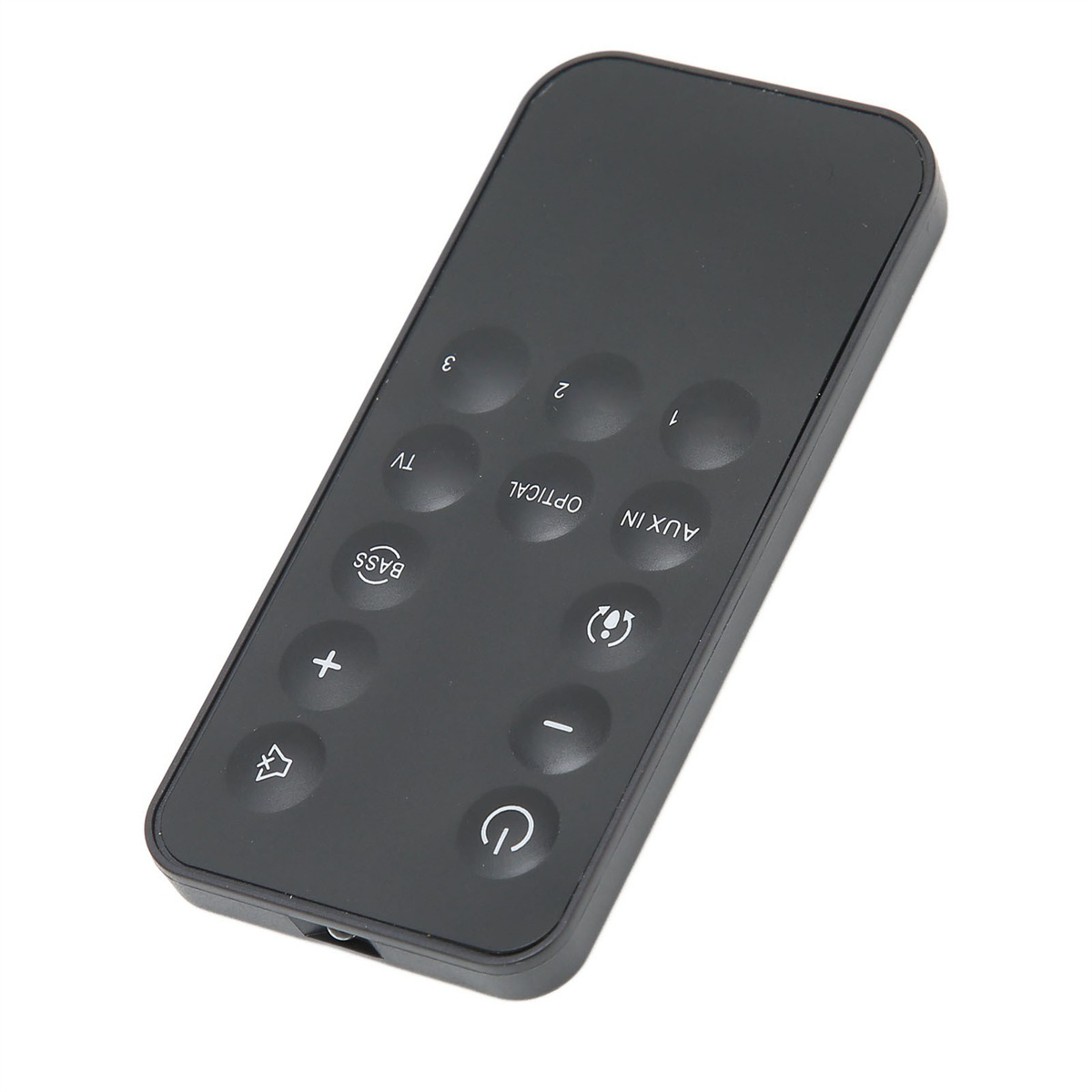 Schwarze Fernbedienung mit Tasten für TV, Bass und andere Funktionen.