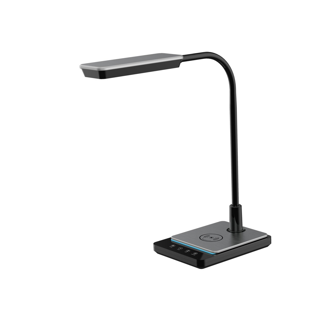 Eine schwarze Schreibtischlampe mit einem schwarz-silbernen Lampenkopf und einer Ladebasis.